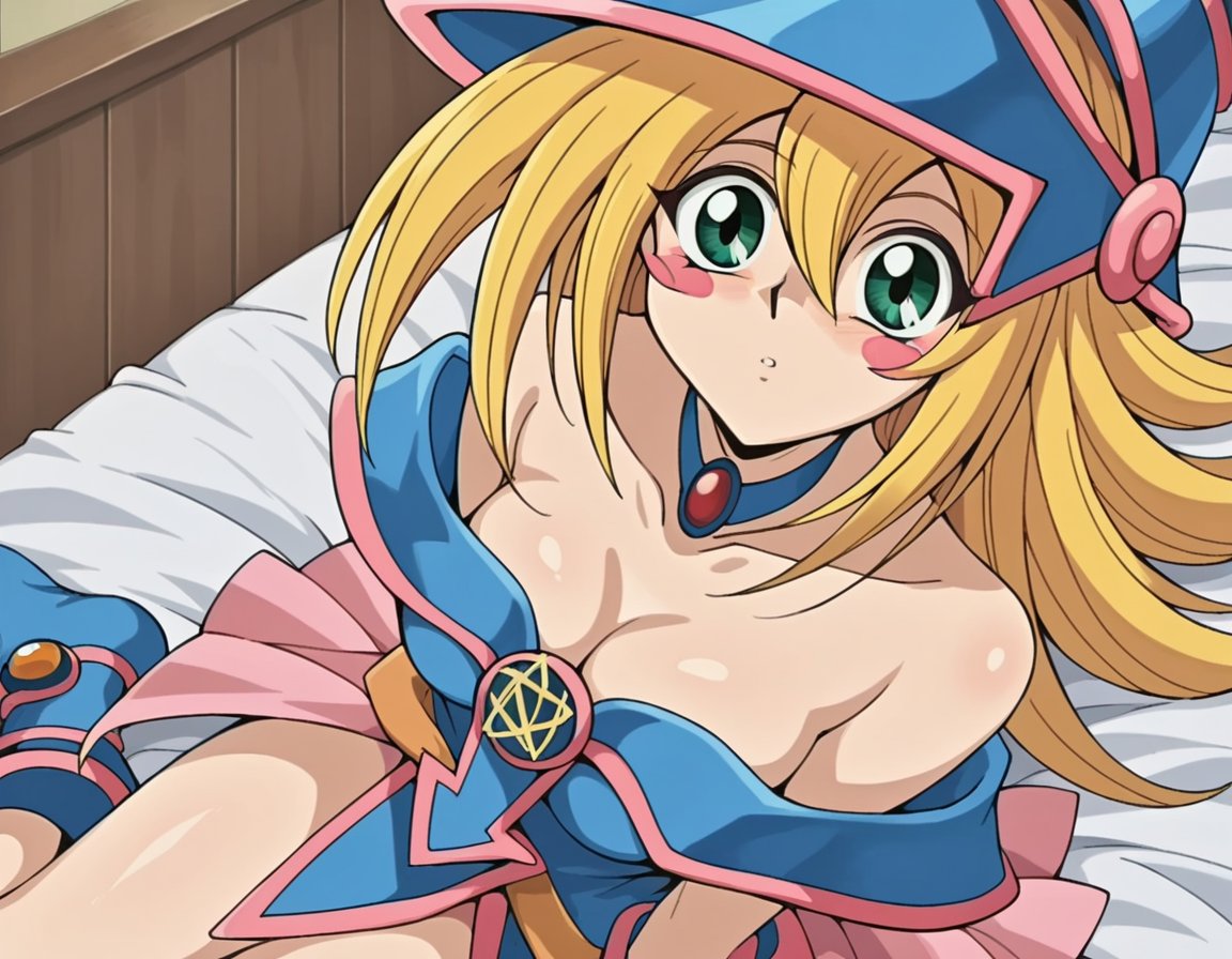 score_9, score_8_up, score_7_up, source_anime,darkmagiciangirl, <lora:dark-magician-girl-anime-ponyxl-lora-nochekaiser:1>dark magician girl, blonde hair, choker, green eyes, long hair, blush, blush stickers,bare shoulders, blue footwear, blush, blush stickers, cleavage, collarbone, duel monster, hat, off shoulder, pentacle, wizard hat,indoors, bed, bed room, on side, blush, drunk,looking at viewer, dutch angle, cowboy shot,