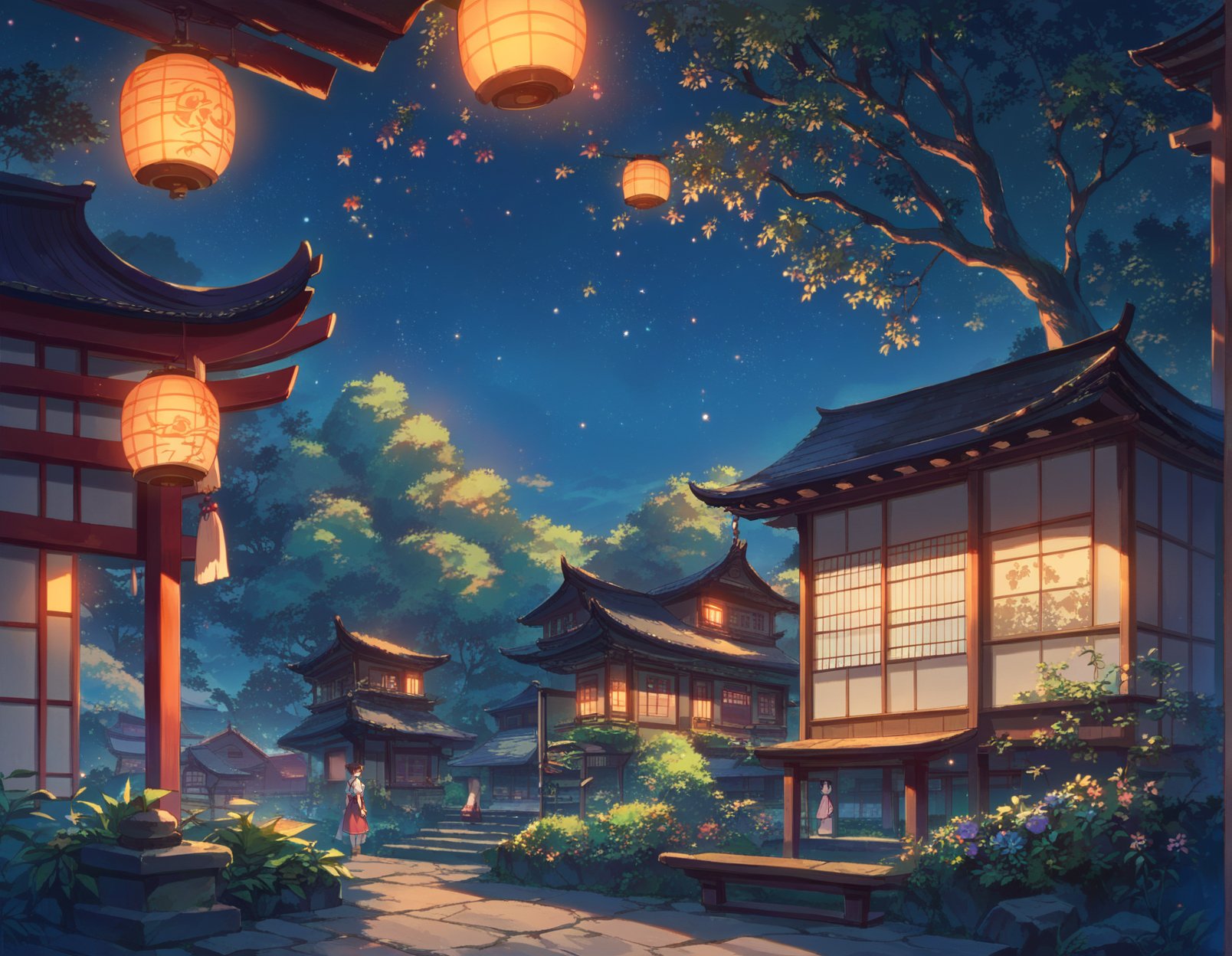 score_9, score_8_up, score_7_up, score_6_up, source anime,anime scene of a house with a garden and a lantern, east asian architecture, night, star \(sky\), starry sky, night sky, sky, tree, scenery, building,masterpiece, best quality, very aesthetic, absurdres,<lora:detailed_backgrounds_v2:0.8>