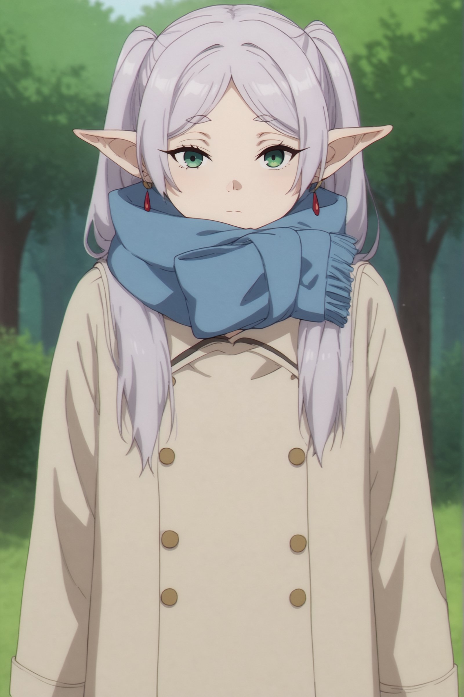 rating_all, score_10, score_8_up, score_7_up,  Frieren, 1girl, solo, long hair, looking at viewer, closed mouth, jewelry, green eyes, grey hair, outdoors, pointy ears, scarf, coat, parted bangs, elf, blue scarf <lora:Frieren:0.8>