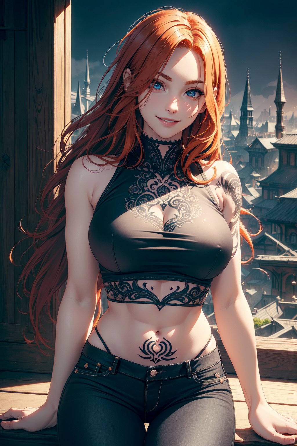 Beautiful eyes, (croptop), (black jeans), (full arm tattoo), illustration, (shop background) ((masterpiece)), (best quality), ((ultra-detailed)), beautiful detailed eyes, (wampire), ((modern landscape)), (original, highres), realism, semi-realism, (overexposure, illustration, ambient light), (beautifully detailed), (ultra-detailed), (light-shadow_symmetry:1.3), smooth, (perfect shading), (perfect rendering), (dynamic angle, natural pose), ((good anatomy)), (smile), demonic aura, (luscious ginger hair), (hair over one eye), (detailed face), ((intricate face)), smile, depth of field, dynamic from above, cinematic lighting, (photorealistic), (sharp-focus)