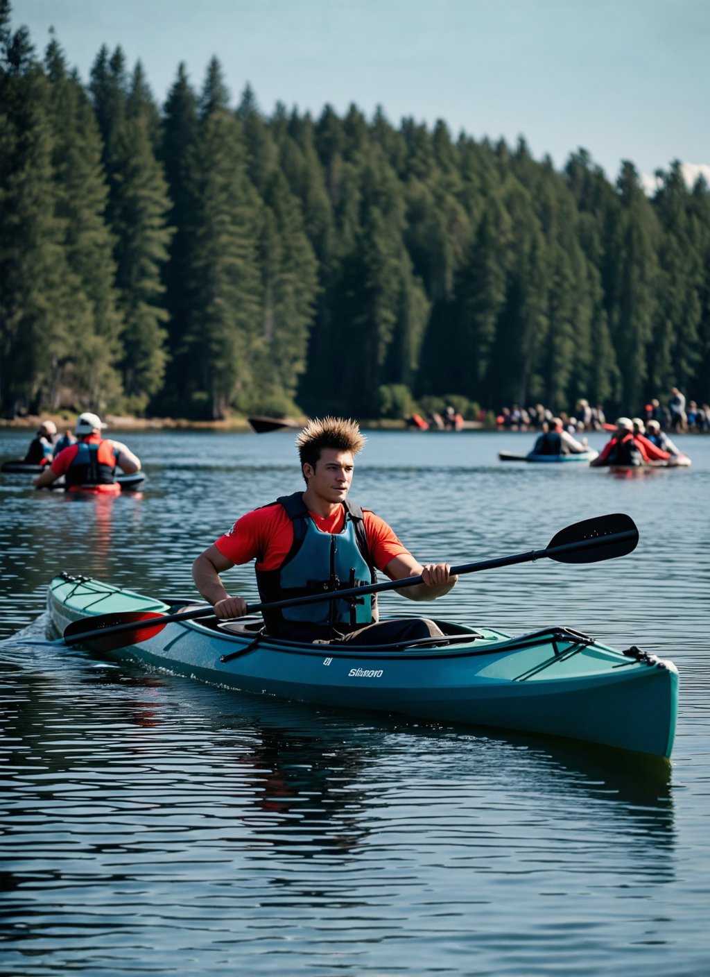 cinematic photo  (Spiky-haired male Canoeing on Still Lakes:1.3), Dynamic brushwork composition, Paddling figure, Serene waters, (Lively crowd:1.2), Busy atmosphere, Peaceful voyage, Tranquil backdrop, Gentle reflections, (Soft foliage:1.3) . 35mm photograph, film, bokeh, professional, 4k, highly detailed