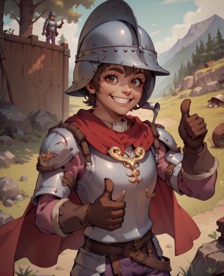 score_9,score_8_up,score_7_up,cascaxl,brown eyes,brown hair,short hair,helmet,armor,shoulder pads,red cape,purple  pants,gloves,standing,upper body,thumbs up, smile, camp,plains,looking at viewer, outdoors,  <lora:cascaXL:0.8>,