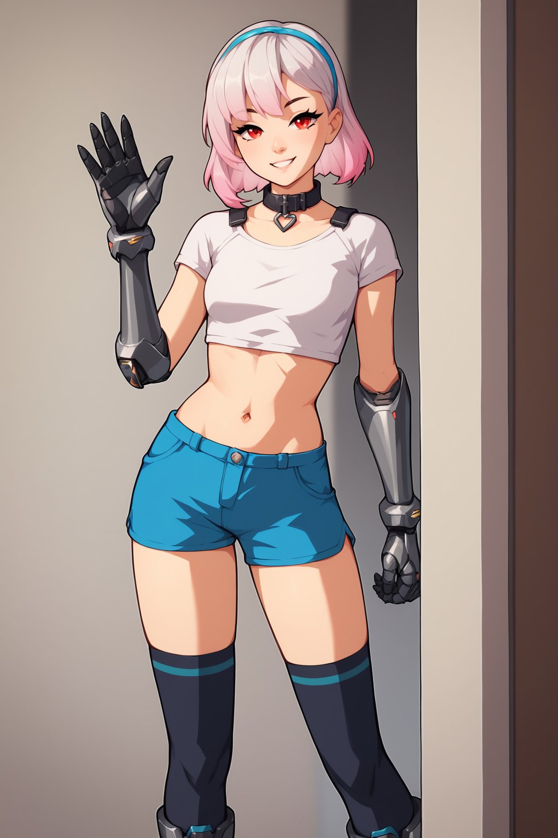 score_9, score_8_up, score_7_up, score_6_up, score_5_up, score_4_up, LexaFEXL, red eyes, white hair, pink hair, gradient hair short hair, blue hairband, bangs, black collar, mechanical arms, small breasts, white crop top, short sleeves, navel, blue shorts, black thighhighs, black boots, solo, standing, waving, seductive smile, looking at viewer, indoors <lora:LexaFEXL:0.8>