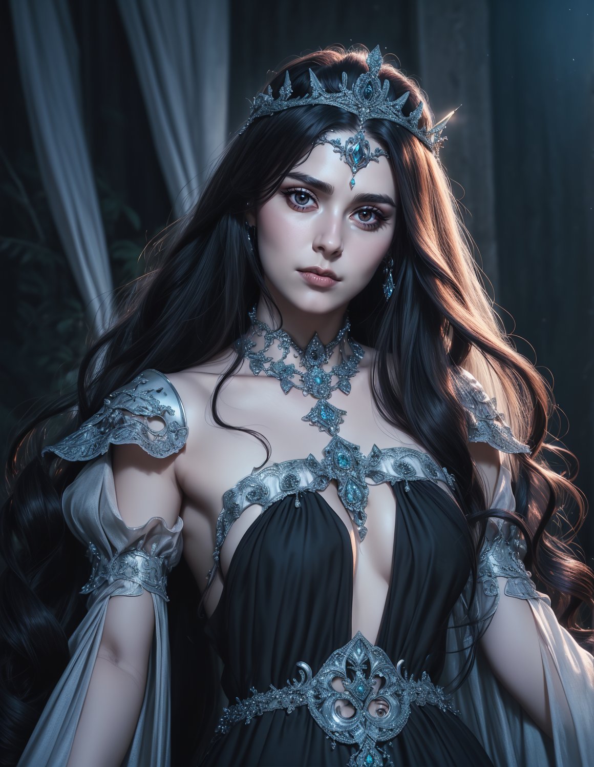 (portrait photo:1.3), adult woman, 38 year old female, medium breasts, wearing HUD_spr_armr, jeweled tiara, long chiffon dress, detached sleeves, jewelry, intricate engraved metal neckpiece, belt, pauldrons,<lora:HUD_spr_armr-07:0.65>, (long black wavy hair:1.2), cinematic, dramatic, 4k