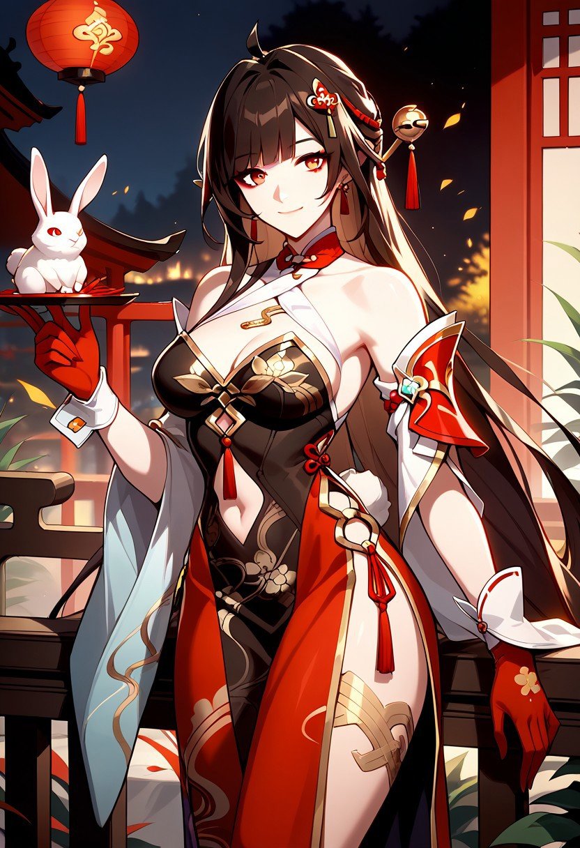 score_9,score_8_up,score_7_up,source_anime, Lingsha,1girl,solo,breasts,looking at viewer,smile,hair ornament,gloves,dress,holding,closed mouth,jewelry,bare shoulders,weapon,detached sleeves,animal,chinese clothes,red gloves,rabbit,