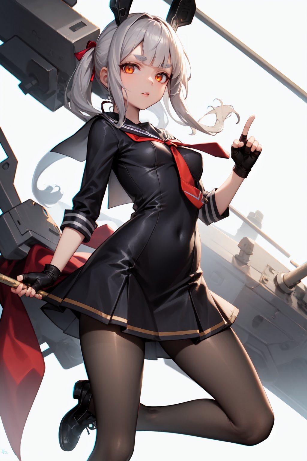 1girl, , black gloves, black pantyhose, blunt bangs, breasts, dress, fingerless gloves, gloves, grey hair, hair ribbon, headgear, long hair, looking at viewer, machinery, necktie, orange eyes, pantyhose, polearm, red necktie, ribbon, sailor dress, shoe soles, shoes, short eyebrows, sidelocks, simple background, small breasts, solo, tress ribbon, weapon, white background, 