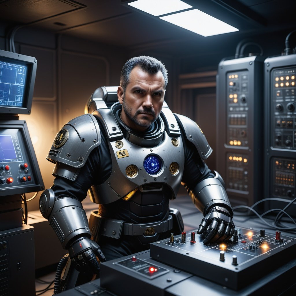 award winning (portrait photo:1.4) of a rugged dark science fiction space marine with robotic joints,middle aged male,Style-Cupola,electronic circuits,flashing control panel in foreground,science fiction,action,dark,tools on floor in background,backlighting,(shallow depth of field:1.5),by lee jeffries nikon d850 film stock photograph 4 kodak portra 400 camera f1.6 lens rich colors hyper realistic lifelike texture dramatic lighting unreal engine trending on artstation cinestill 800 (vignette:1.3),filmgrain,, (masterpiece,best quality,ultra_detailed, highres, absurdres:1.2),