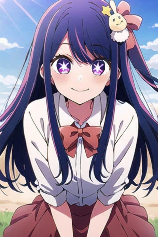 (masterpiece), hoshino ai, purple eyes, purple hair, star-shaped pupils, symbol-shaped pupils, 1girl, solo, skirt, long hair, smile, rabbit hair ornament, bow, sky, hair ornament, red skirt, shirt, looking at viewer, frills