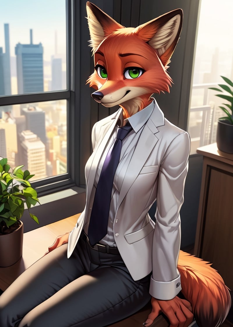 (by Oaks16, by Wildering, by Wamudraws:1.25), (mrs. wilde:1.25) white suit, grey necktie, grey pants, green eyes, small breasts, sitting, half-length portrait, three-quarter view, looking at viewer, high-angle view, BREAK, store, office, inside, window, city, potted plant, coffee, detailed background, foreground, depth of field, backlighting, ambient silhouette, masterpiece, best quality, light, 4k, 2k, photography
