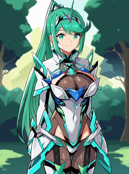 xenoblade chronicles 2, pneuma \(xenoblade\),, shiny skin, score_9, score_8_up, score_7_up, score_6_up, score_5_up, score_4_up, BREAK masterpiece ,1girl,solo,<lora:PneumaBlade-05:0.8>pneumablade, long hair, green hair, bangs, swept bangs, tiara, jewelry, ponytail, breasts, earrings,,hair ornament,gem,large breasts, chest jewel, armor,bodysuit,anime screencap, anime coloring, green eyes, outdoors,