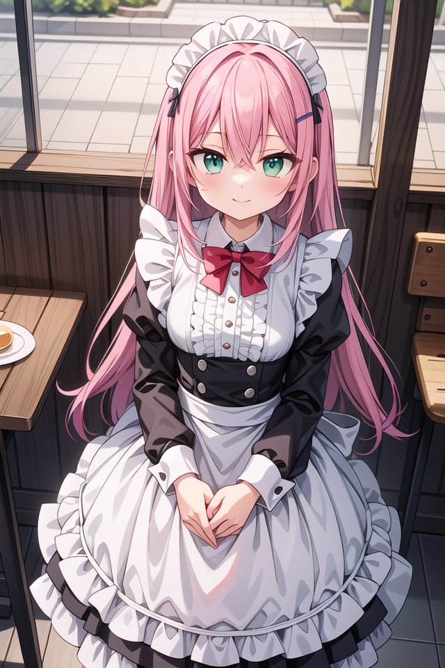 insanely detailed, absurdres, ultra-highres, ultra-detailed, best quality,1girl, solo, nice hands, perfect handsBREAK(cleavage:-1.5),(classical maid:1.2),apron, blush, bow, bowtie, frilled apron, frills, long sleeves, maid, maid apron, maid headdress, waist apron, white apron,(maid costume, maid hair dress:1.3), long skirtBREAKhappy smile, laugh, closed mouthBREAKfrom above,standing, cowboy shot, looking at viewerBREAKslender, kawaii, perfect symmetrical face, ultra cute girl, ultra cute face, ultra detailed eyes, ultra detailed hair, ultra cute, ultra beautifulBREAKin coffee shop, indoors, depth of field, ultra detailed backgroundBREAKmedium breastsBREAK(pink hair, dark green eyes), long hair, hair between eyes