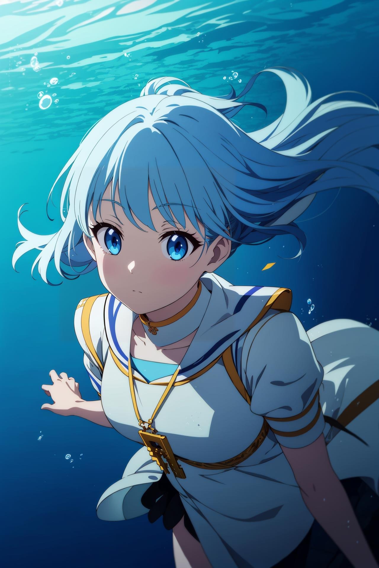 1girl,blue_hair,white_dress,floating,underwater, underwater city, drifting,,anime screencap, anime_coloring,anime_key_visual, anime_coloring,anime_key_visual, colorful,vivid<lora:envybetterhandsLocon_beta2:1>