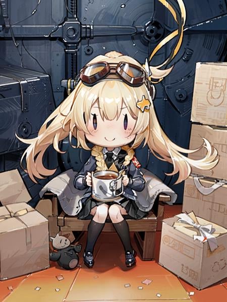 fairy \(kancolle\), 1girl, goggles, solo, blonde hair, goggles on head, | |, :>, goggles on headwear, long hair, chibi, hair ribbon, skirt, white background, ribbon, smile, sitting, simple background, blush, hat, hair ornament, ponytail, pleated skirt, original, intricate detail, illustration, masterpiece, extremely detailed CG unity 8k wallpaper, highlight, sharpening, dynamic,  <lora:Fairy-3:1>