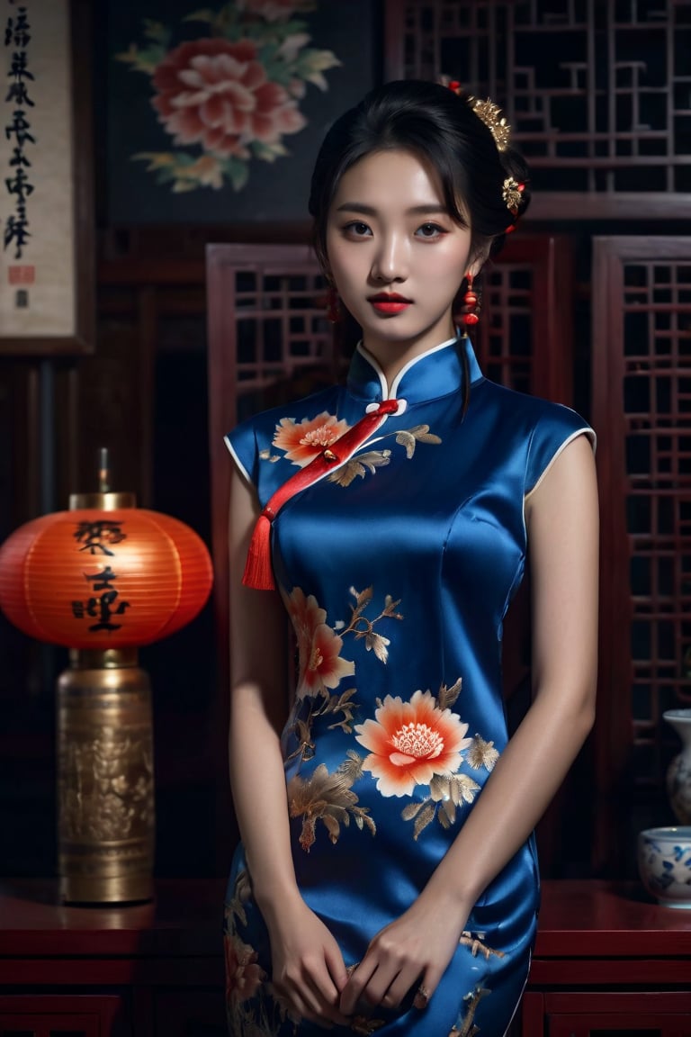 1girl, 18 years old, best quality, masterpiece, ultra high res, (photorealistic:1.3), 8K, raw photo, real life skin texture, ((((film grain)))), (cheongsam), (mandarin gown), ((qipao)), earrings, black, red, blue, yellow, orange, lamp, Chinese traditional furniture, looking at the viewer, ((tied hair)),