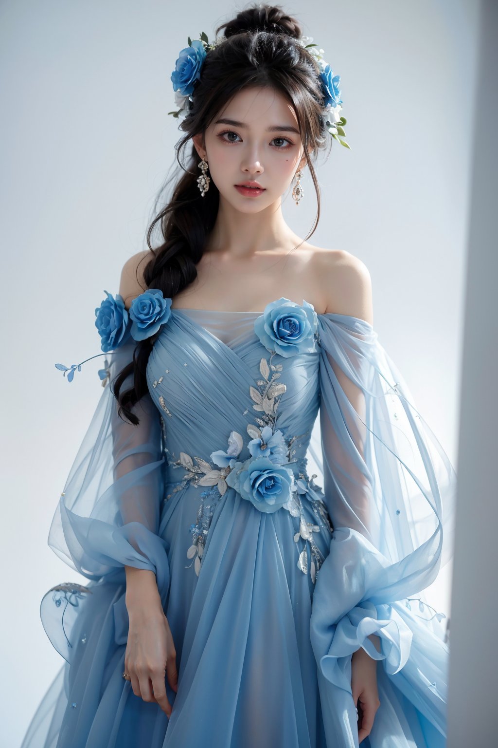 photorealistic,realistic,photography,masterpiece,best quality,ultra-detailed,extremely detailed CG unity 8k wallpaper,(reality: 1.4),1girl,solo, standing,black hair,long hair,hair ornament,looking at viewer,solo,looking at viewer,brown hair,black hair,hair ornament,dress,bare shoulders,jewelry,collarbone,flower,earrings,hair flower,hair bun,white background,blue flower dress, indoor studio<lora:JAY - BLUE FLOWER DRESS:0.8>, (best quality:1.3)