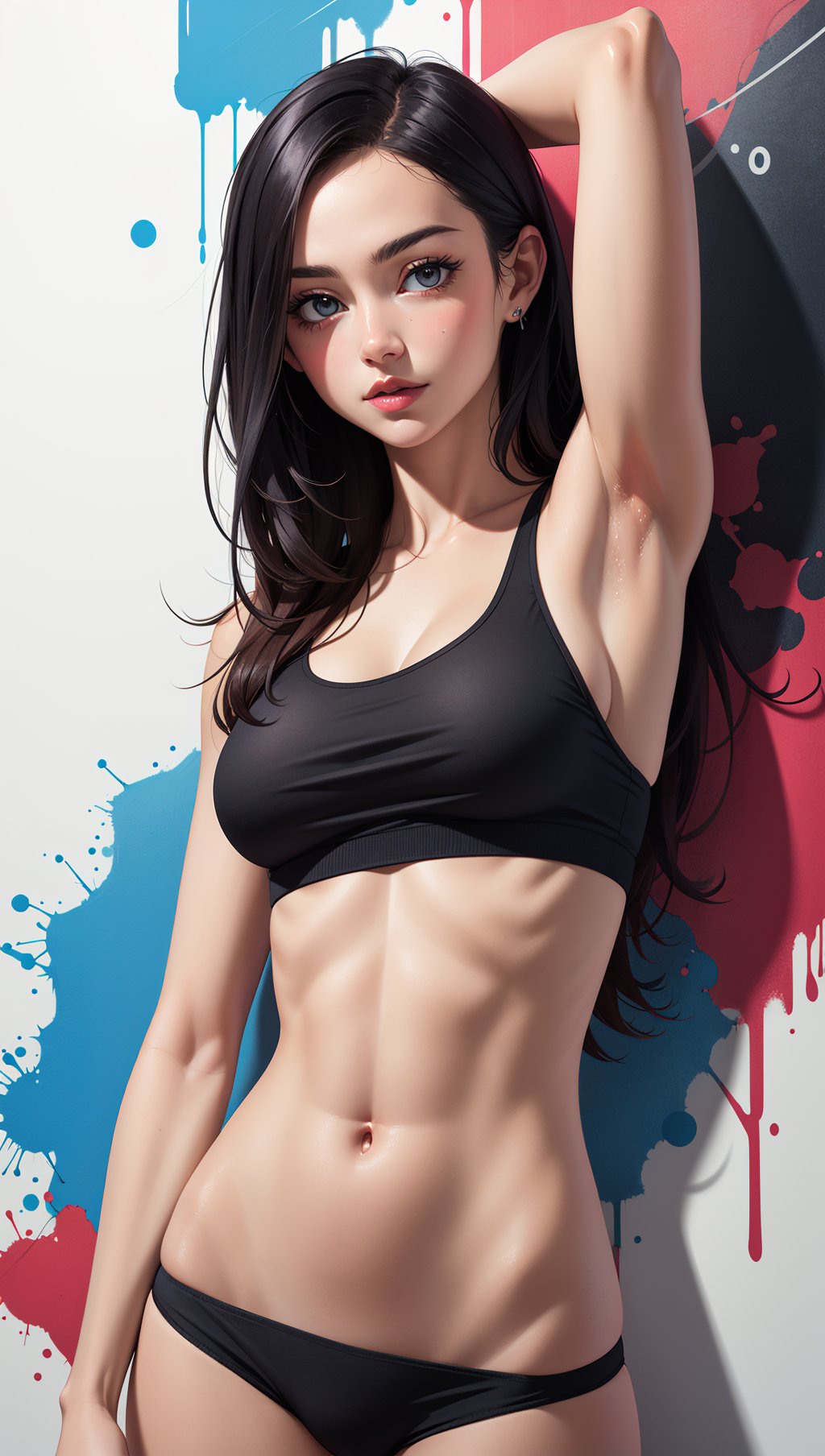 A color poster of a mixture of graffiti and paint on a wall,portrait of a woman,upperbody,minimalist,with dynamic movement and bold colors,mixture,