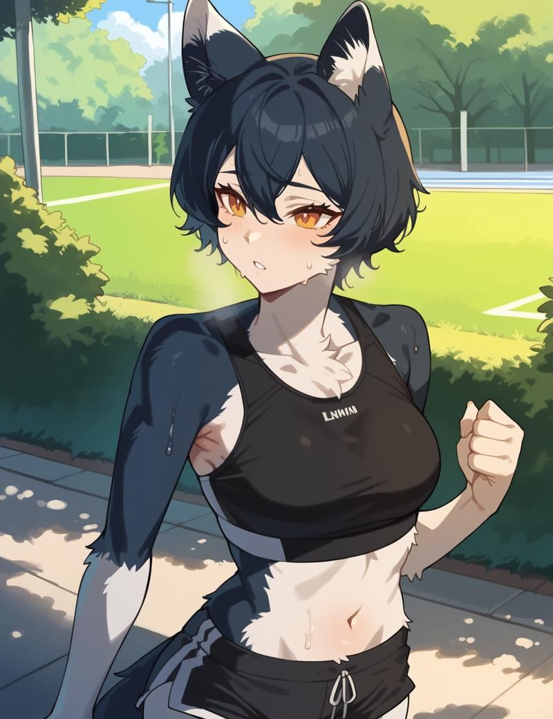 score_9, score_8_up, score_7_up,1girl, solo, ((masterpiece,best quality)), absurdres,<lora:IzutsumiPXL:1> IzutsumiPXL, fur body, white fur, black fur, small breast, solo,park, jogging, (sports bra, revealing shorts,translucent topwear), sweat, outdoors, half body portrait, <lora:Smooth Anime Style LoRA XL:0.6> Smooth, Anime, <lora:Expressive_H:1> Expressiveh