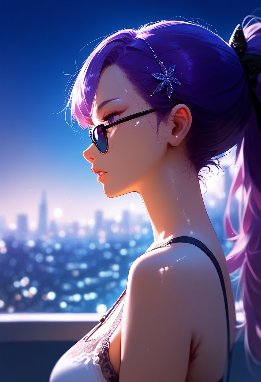 score_9, score_8_up, score_7_up, score_6_up, source_anime, <lora:AIU 0.6v:1>, AIU, 1girl, solo, long hair, hair ornament, ribbon, purple eyes, purple hair, ponytail, parted lips, blurry, from side, blurry background, profile, makeup, depth of field, night, sunglasses, portrait, cityscape, night,