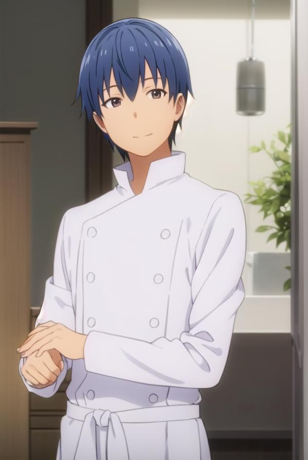 hiroomisouma, <lora:hiroomi souma s2-lora-nochekaiser:1>,hiroomi souma, (brown eyes:1.3), blue hair, male focus, smile,BREAK apron, buttons, waist apron, white pants, chef,BREAK indoors, restaurant,BREAK looking at viewer, (cowboy shot:1.5),BREAK <lyco:GoodHands-beta2:1>, (masterpiece:1.2), best quality, high resolution, unity 8k wallpaper, (illustration:0.8), (beautiful detailed eyes:1.6), extremely detailed face, perfect lighting, extremely detailed CG, (perfect hands, perfect anatomy),