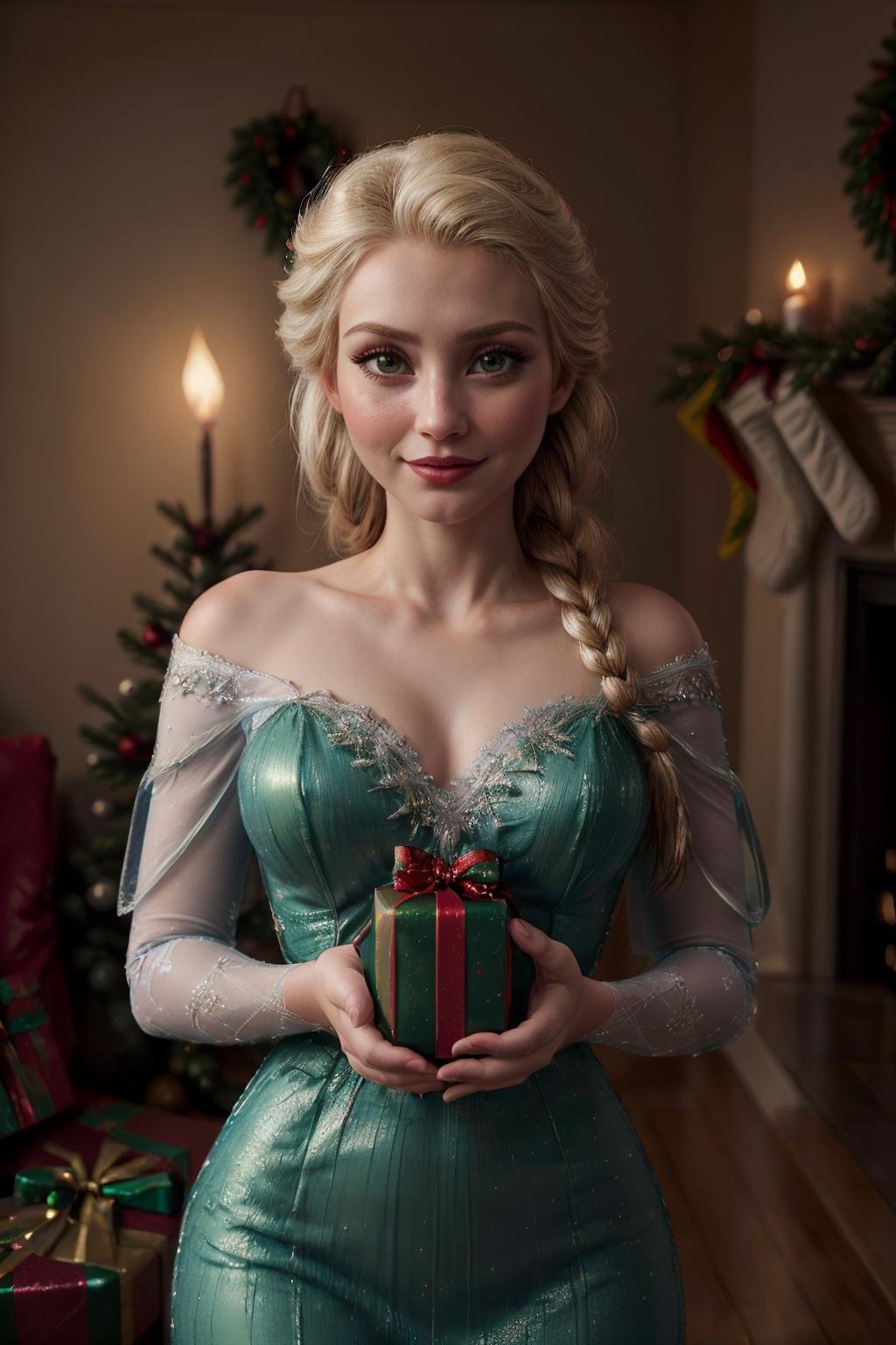 (Elsa holding Christmas present:1.45), (extremely happy:1.34), (ElsaWaifu:0.6), (red and green dress:1.3), (masterpiece:1.34), (absurdres:1.52), (warm firelit living room with Christmas decorations:1.3), (8k, 4k, intricate:1.34), (realistic:1.28), (photo realistic:1.37), (high quality shadow:1.32), (ultra high quality:1.32), (best quality:1.32), (highly detailed textures:1.29),<lora:add_detail:1> <lora:popular:1> <lora:SDXLrender_v1.0:0.6> <lora:epiCRealismHelper:1> <lora:Elsa_character-20:0.4>