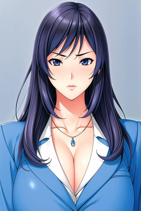 Simple blue Background,dynamic pose,standing at attention,blue jacket, collarbone, cleavage, business suit, long sleeves, <lora:Kyouko_Tsukishima_TeacherHypnosis-KK77-V1:0.6>,gem,jewelry, necklace, blue eyes, blue hair,bangs,Long hair,<lora:Oda_Non_Style-KK77-V2:0.4>,<lora:more_details:0.1>,1 girl, 20yo,Young female,Beautiful long legs,Beautiful body,Beautiful Nose,Beautiful character design, perfect eyes, perfect face,expressive eyes,perfect balance,looking at viewer,(Focus on her face),closed mouth, (innocent_big_eyes:1.0),(Light_Smile:0.3),official art,extremely detailed CG unity 8k wallpaper, perfect lighting,Colorful, Bright_Front_face_Lighting,White skin,(masterpiece:1.0),(best_quality:1.0), ultra high res,4K,ultra-detailed,photography, 8K, HDR, highres, absurdres:1.2, Kodak portra 400, film grain, blurry background, bokeh:1.2, lens flare, (vibrant_color:1.2),professional photograph,(Beautiful,large_Breasts:1.4), (beautiful_face:1.5),(narrow_waist),