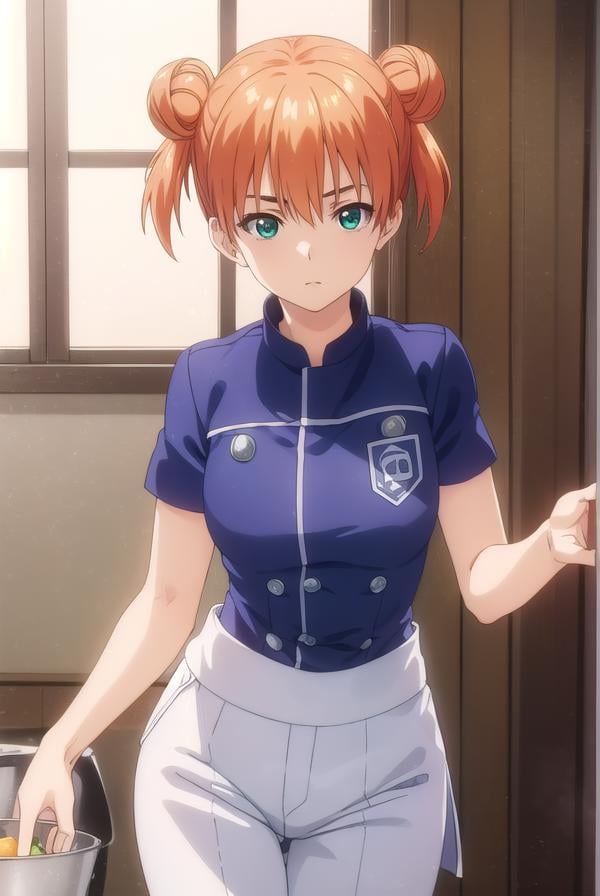 yuukiyoshino, <lora:yuuki yoshino s1-lora-nochekaiser:1>,yuuki yoshino, short hair, twintails, (green eyes:1.3), hair bun, orange hair, double bun,BREAK chef, pants, white pants,BREAK indoors, kitchen,BREAK looking at viewer, (cowboy shot:1.5),BREAK <lyco:GoodHands-beta2:1>, (masterpiece:1.2), best quality, high resolution, unity 8k wallpaper, (illustration:0.8), (beautiful detailed eyes:1.6), extremely detailed face, perfect lighting, extremely detailed CG, (perfect hands, perfect anatomy),