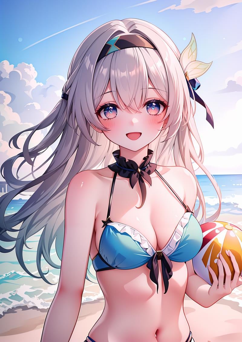 ((masterpiece,best quality)), 1girl, fireflyhsr, hairband, frilled bikini, holding beachball, beach, smile, open mouth, blush, sunlight, sea, depth of field,