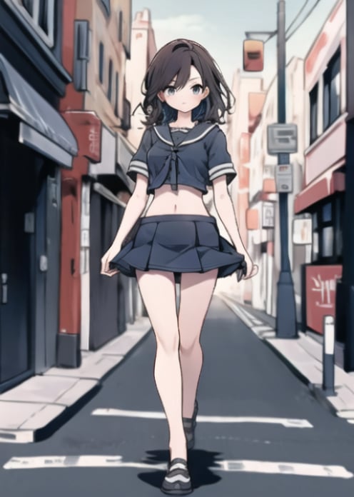 1girl, minisailor,walking on street,outdoors,city,street,bare belly,full body, <lora:minisailor:0.8>