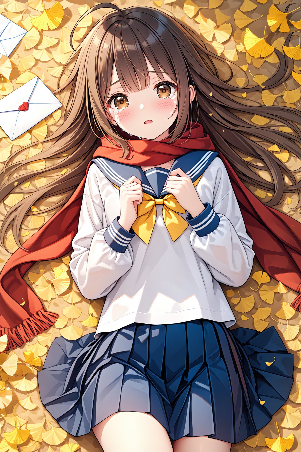 (masterpiece),(best quality),illustration,ultra detailed,hdr,Depth of field,(colorful),1girl,solo,school uniform,skirt,scarf,lying,serafuku,on back,long sleeves,autumn,blue skirt,looking at viewer,sailor collar,bow,brown eyes,long hair,tears,autumn leaves,bangs,blue sailor collar,shirt,parted lips,pleated skirt,white shirt,envelope,ahoge,blurry,red scarf,black hair,crying,leaf,letter,crying with eyes open,yellow bow,outdoors,brown hair,bowtie,ginkgo leaf,from above,tearing up,blush,