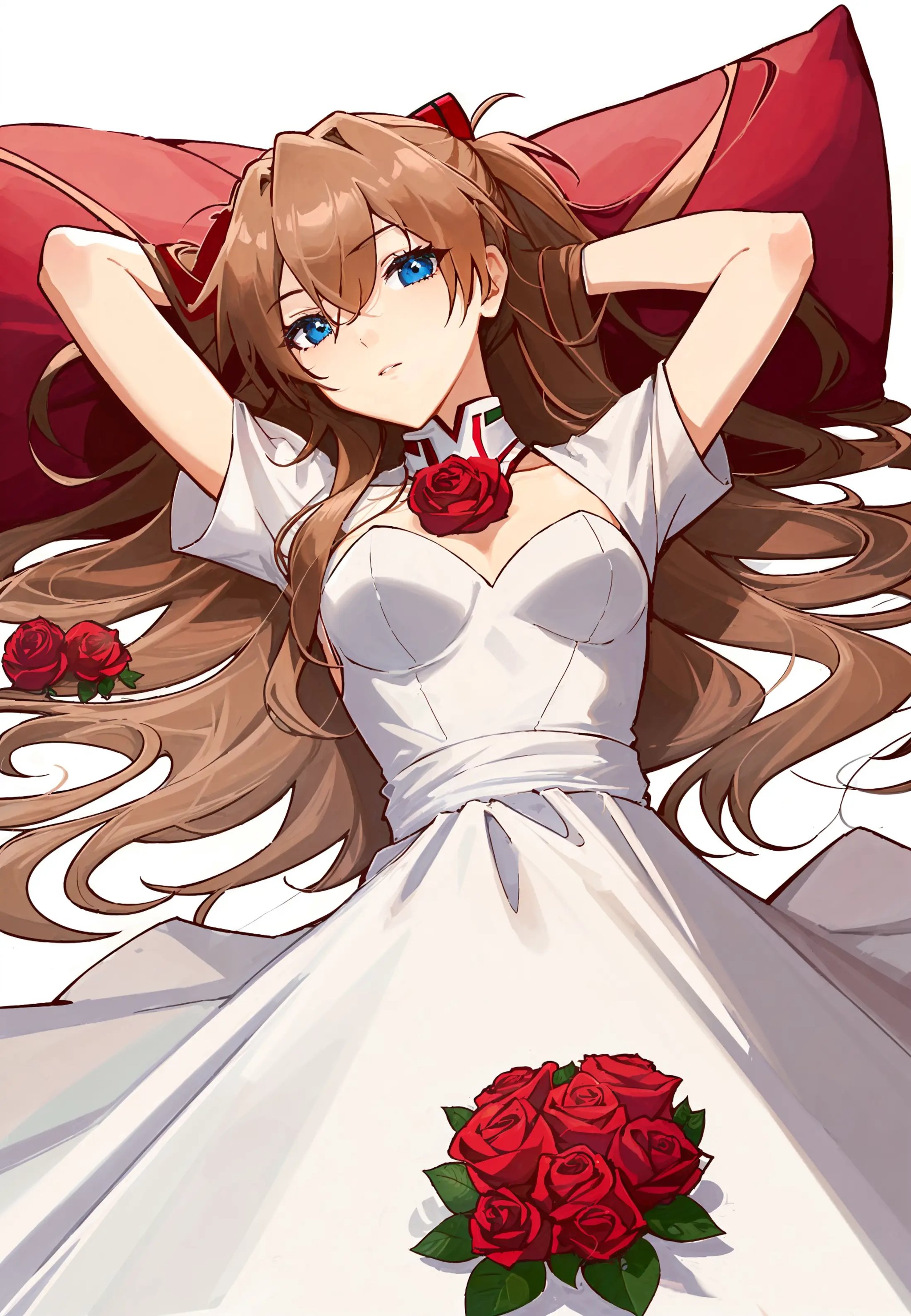 flower, rose, red flower, white flower, white rose, red rose, souryuu asuka langley, pink rose, 1girl, bouquet, rose petals, camellia, red background, holding flower, pink flower, solo, spider lily, blue eyes, long hair, daisy, lying, petals, looking at viewer