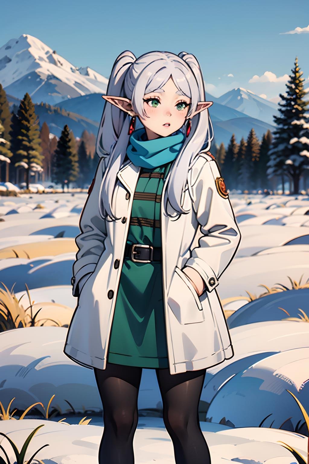 <lora:jingling_009:0.8>,wallpaper,huge filesize,super high resolution,best quality,Photos,4k,ingling,1girl,solo,pointy ears,outdoors,coat,long hair,pantyhose,scarf,green eyes,breath,white coat,tree,black pantyhose,twintails,blue scarf,earrings,snow,winter,jewelry,standing,long sleeves,elf,mountain,winter clothes,bangs,blush,day,parted bangs,looking away,winter coat,buttons,grass,parted lips,feet out of frame,sky,mountainous horizon,bare tree,