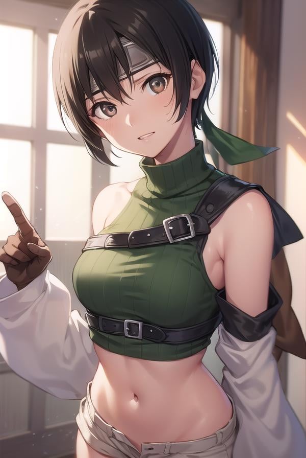 yuffiekisaragi, <lora:yuffie kisaragi v2-lora-nochekaiser:1>, yuffie kisaragi, (black hair:1.5), (brown eyes:1.7), short hair, pixie cut,BREAK crop top, fingerless gloves, fishnet thighhighs, fishnets, forehead protector, gloves, headband, navel, short shorts, shorts, single sleeve, single thighhigh, sleeveless, sleeveless turtleneck, thighhighs, turtleneck,BREAK cowboy shot, looking at viewer, BREAK indoors,BREAK <lyco:GoodHands-beta2:1>, (masterpiece:1.2), best quality, high resolution, unity 8k wallpaper, (illustration:0.8), (beautiful detailed eyes:1.6), extremely detailed face, perfect lighting, extremely detailed CG, (perfect hands, perfect anatomy),