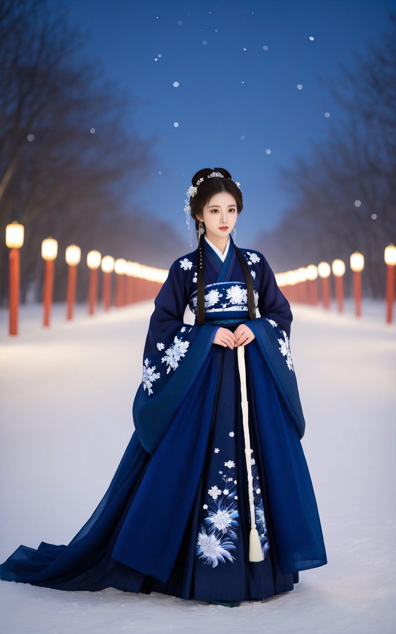 On a snowy night,a woman in a Hanfu of deep indigo stands out against the white landscape. The Hanfu,with its intricate snowflake patterns,seems to embrace the winter's chill. The soft glow of lanterns illuminates her path,creating a cozy scene of winter warmth.,