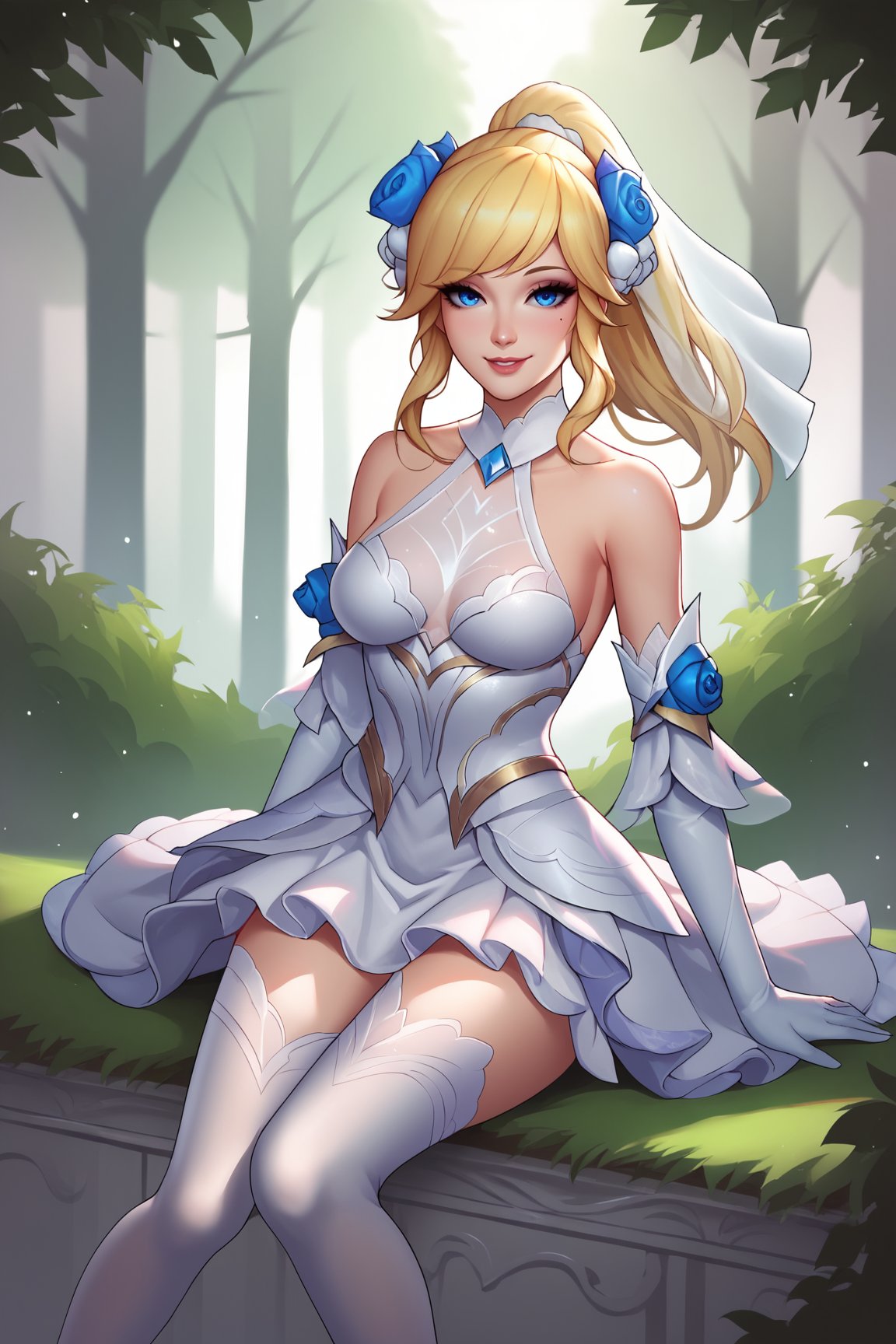 score_9, score_8_up, score_7_up, score_6_up, score_5_up, score_4_up, LuxCRLOLXL, blue eyes, blonde hair, ponytail, sidelocks, bangs, hair ornament, hair flower, veil, medium breasts, dress flower, bare shoulders, white dress, white elbow gloves, white thighhighs, solo, front view, sitting, seductive smile, looking at viewer, forest, tree <lora:LuxCRLOLXL:0.9>