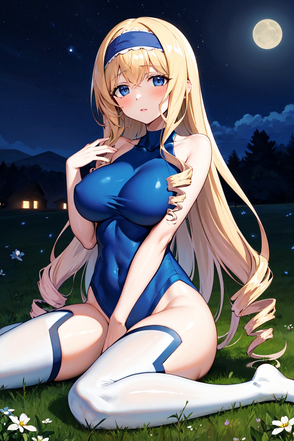 masterpiece, best quality, highres, aacecilia, long hair, curly hair, drill hair, blue hairband, pilot suit, halterneck, bare shoulders, blue leotard, white thighhighs, <lora:cecilia_alcott_v1:0.7>, field, night, wariza