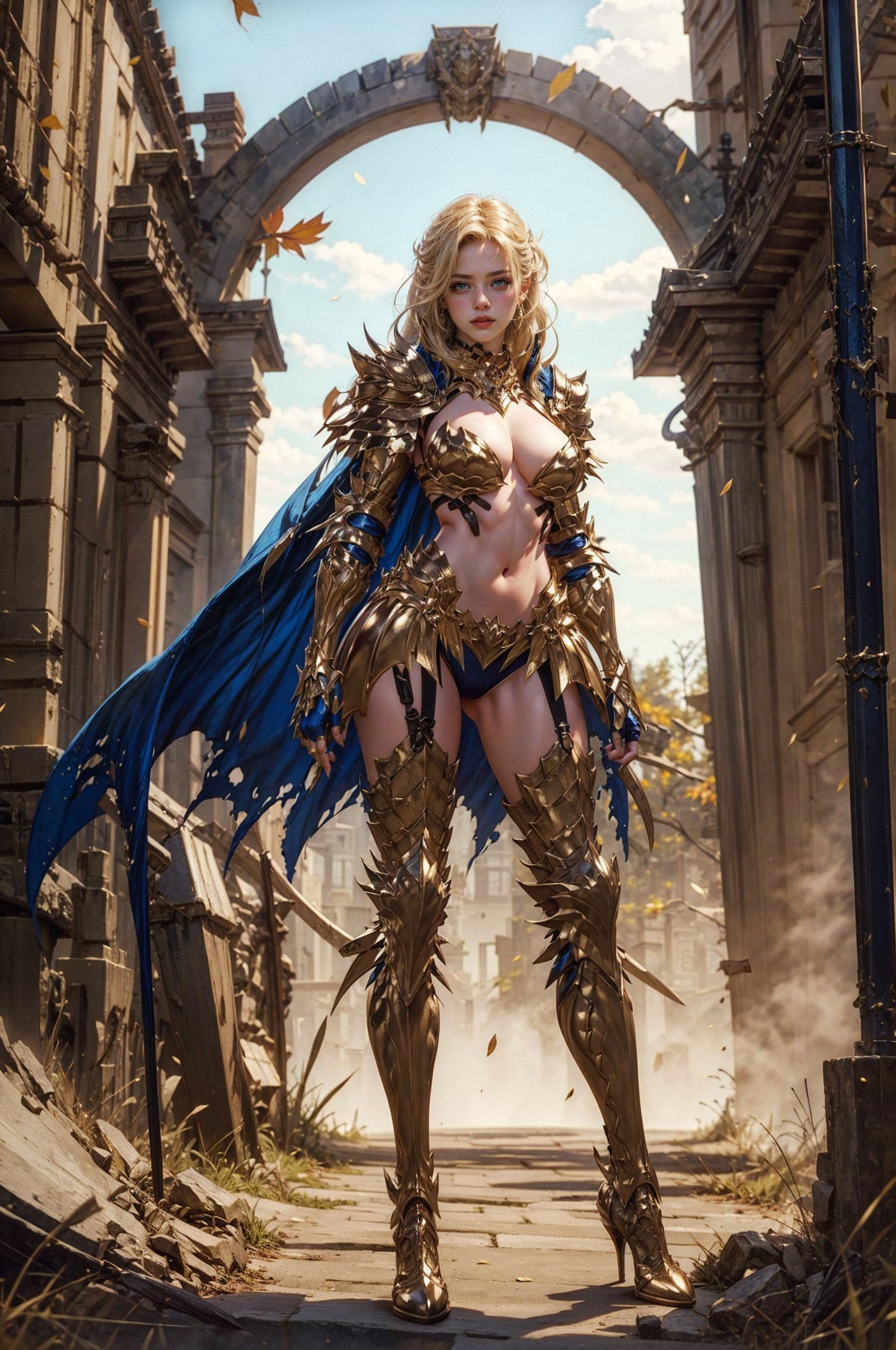 stunning woman wearing LAColdFury, <lora:LAColdFury:0.75>, (blonde hair:1.2),(long hair, hair over shoulder), garter strap, blue cape, gold armor, (gold boots), (high heel boots), BREAK, (masterpiece:1.2, best quality), (photorealistic:1.2, intricate details), solo, looking at viewer, holding, standing, full body, weapon, gigantic sword, cape, ((holding sword)), armor, ((holding gigantic sword)), ((weapon over shoulder, sword, (huge weapon:1.3), holding sword, hand on hip)), fantasy, background of castle, wide angle shot of a castle, castle gate, (siege castle), sakura petals falling, autumn scenery <lora:UnlimitedBladeWorks1.6:0.8> Unlimited Blade Works, MasterSword, holding, weapon, Weapon over shoulder,