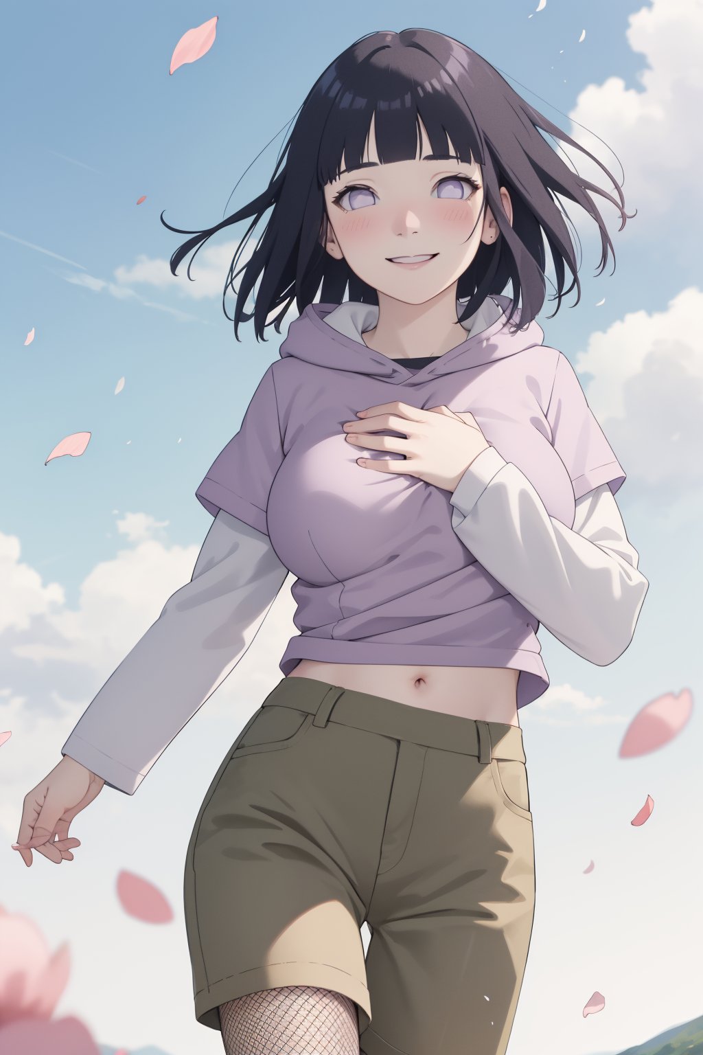 masterpiece,absurdres,hinata\(boruto\),1girl,solo,purple hoodie,layered sleeves,brown pants,outdoors,wind,floating hair,hand on own chest,looking at viewer,smile,(falling petals),cloudy sky,large breasts,fishnets,blush,<lora:lbc_Hyūga Hinata_Naruto24324_v1.0:0.8>,