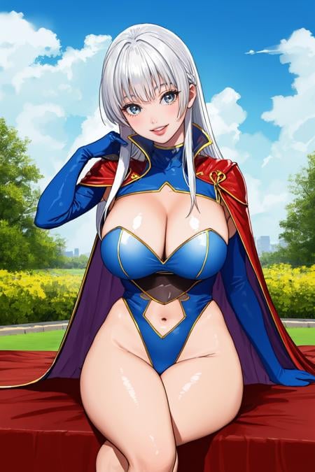 1girl, bangs, belt, white hair, breasts, building, cape, cleavage, cleavage cutout, clenched hand, clothing cutout, cloud, covered collarbone, crossed legs, elbow gloves, gloves, hand up, head tilt, highleg, highleg leotard, large breasts, leotard, light smile, lips, long sleeves, looking at viewer, outdoors, long hair, sitting, sky, solo, thighs, turtleneck, white leotard <lora:USA18:.8>