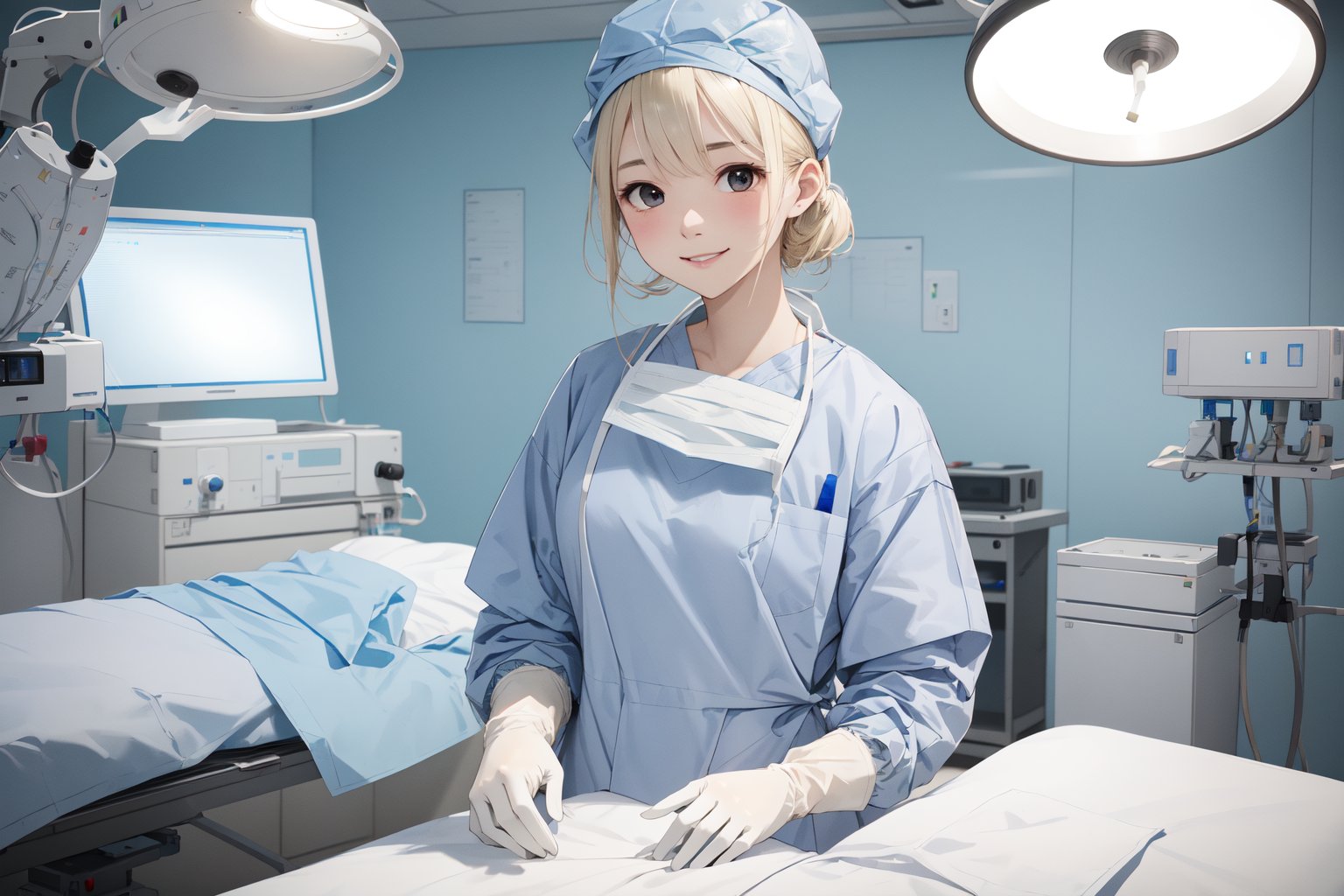 (RAW photo, best quality), 1girl, long sleeve surgical outfit, surgical gloves, surgical cap,  operating room, overhead surgical light, light smile, <lora:concept_surgical_mask_open_v2_1:1> surgical_mask_open, completely_undone, blonde hair,