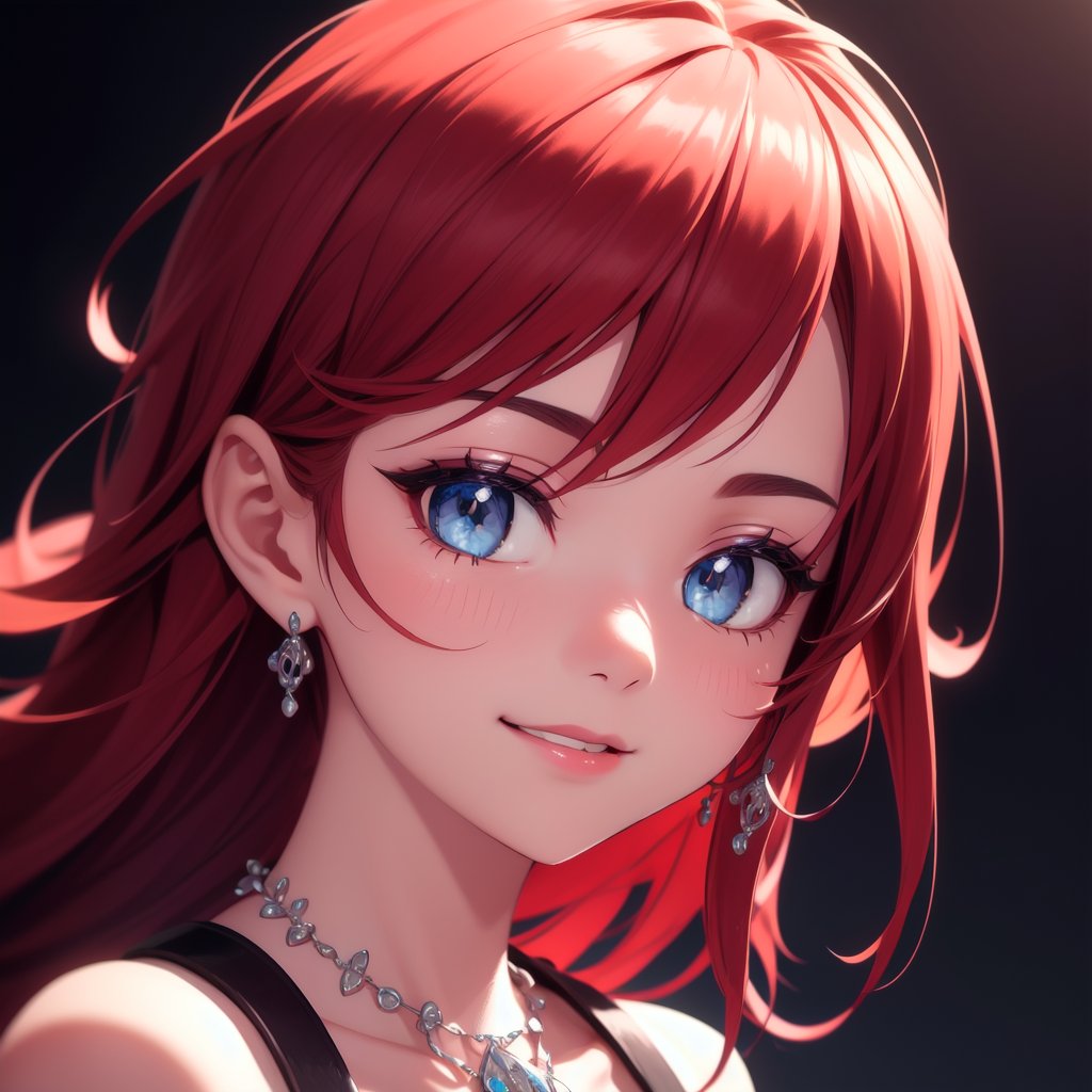 a close up from 1 beautiful and cute girl, extreme close-up, detailed blue-silver eyes, ((long red hair)),  beautiful dainty necklace,  shy smile,  (masterpiece:1.2), (best quality:1.2), newest, ai-generated, ultra-detailed, best shadow, detailed background, high contrast, (best illumination, an extremely delicate and beautiful), ((cinematic light)), hyper detail, dramatic light, intricate details, 8k, anime, very aesthetic, vibrant color,