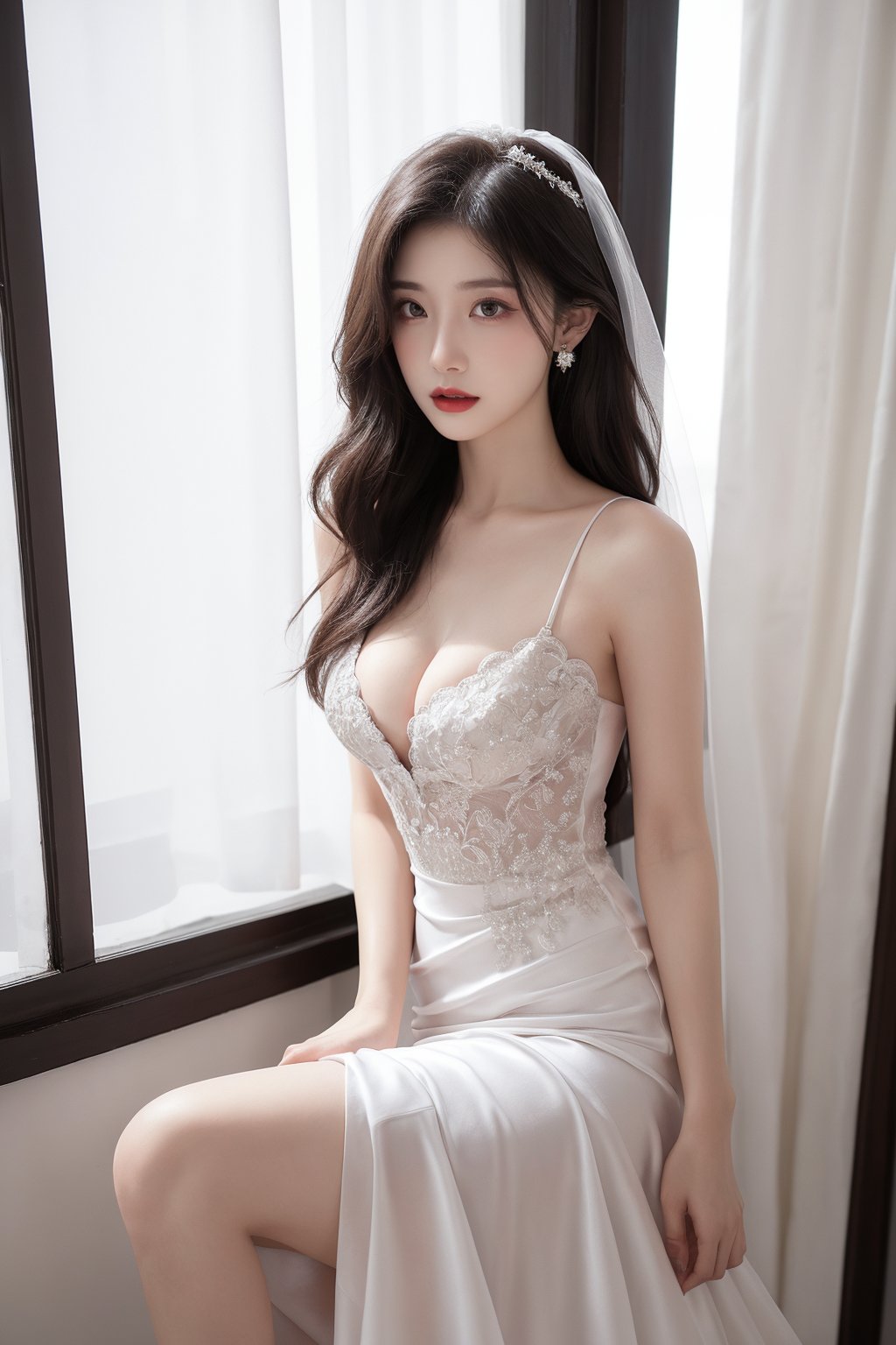 1girl, black hair, breasts, bridal veil, cleavage, curtains, dress, earrings, indoors, jewelry, lips, lipstick, long hair, medium breasts, realistic, sitting, solo, veil, wedding dress, white dress, window  <lora:婚纱:0.8>