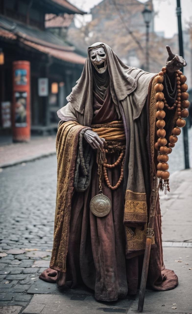 <lora:monk-000004:0.8>,crptedmonk,man begging for a coins on a street