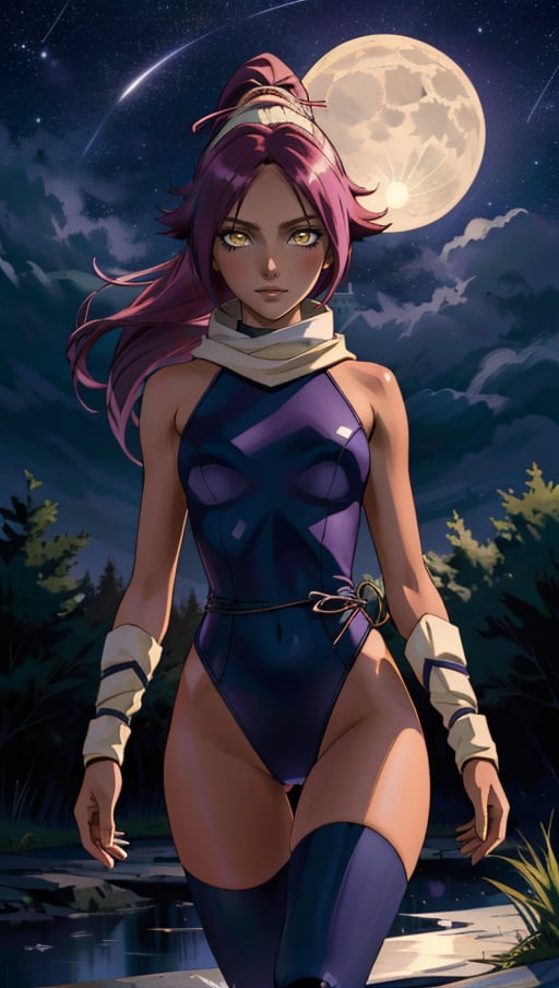 (best quality, masterpiece, highres:1.2), (Shihouin Yoruichi), <lora:bleach_shihouin:1>, very slim, skinny, cute dark skin, dark-skinned female, looking at viewer, ponytail, leotard, thighhighs, scarf, (ultra-detailed body), moonlight passing through hair, (night beautiful background:1.3), (intricate details)