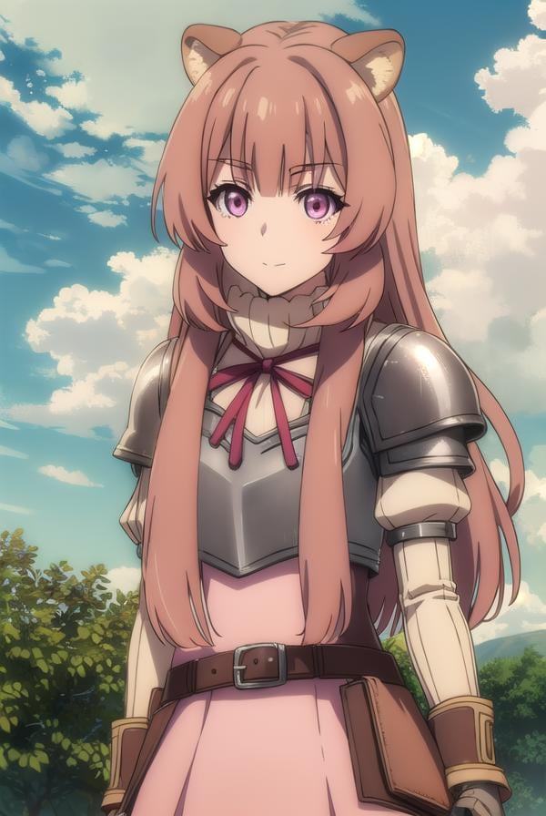 raphtalia, <lora:raphtalia s3-lora-nochekaiser:1>,raphtalia, long hair, bangs, brown hair, animal ears, raccoon ears, raccoon tail, raccoon girl, (pink eyes:1.3), smileBREAK long sleeves, sweater, ribbed sweater, puffy sleeves, breastplate, ribbon, red ribbon, gauntlets, glove, brown gloves, belt, skirt, armor,BREAK outdoors, forest, nature, sun, sky, trees, clouds, grass,BREAK looking at viewer, (cowboy shot:1.5),BREAK <lyco:GoodHands-beta2:1>, (masterpiece:1.2), best quality, high resolution, unity 8k wallpaper, (illustration:0.8), (beautiful detailed eyes:1.6), extremely detailed face, perfect lighting, extremely detailed CG, (perfect hands, perfect anatomy),