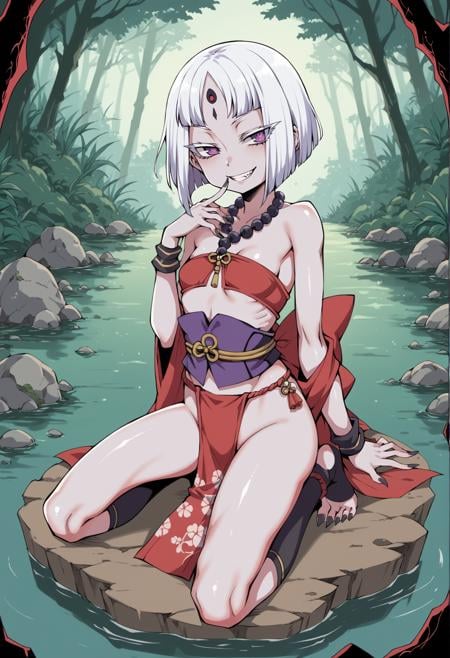 1girl, pale skin, purple skin, colored skin, white hair, short hair, bob cut, forehead, purple eyes, skit pupils, colored eyelashes, white eyelashes, eyeliner, red dudou, (white scales), reptile girl, sharp fingernails, monster girl, finger to mouth, red fundoshi, japanese clothes, beads, praying beads, jewelry, necklace, wristband, outdoors, toeless legwear, sharp toenails, black nails, smile, mesugaki, evil smile, smug, outdoors, swamp, small breasts, rock, tilt head<lora:senbei_avocadochaya_XL:1>, score_9, score_8_up, score_7_up, score_6_up, score_5_up, score_4_up, BREAK source_anime, masterpiece