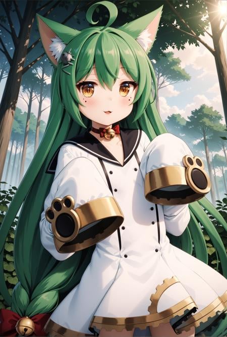 masterpiece, best quality, very aesthetic, ultra detailed, intricate details, 4k, anime style,AkashiAi, 1girl, solo, mole, mole under eye, yellow eyes, green hair, long hair, blush, smile, bangs, cat ears, animal ears, hair between eyes, brown eyes, very long hair, animal ear fluff,long sleeves, dress, bow, ahoge, parted lips, choker, wide sleeves, sailor collar, white dress, red bow, sleeves past wrists, bell, jingle bell, sleeves past fingers, sailor dress, black sailor collar, akashi (azur lane)cowboy shot, looking at viewer, forest, outdoors, tree, sunlight, cloudy, <lora:Akashi_XL:1>