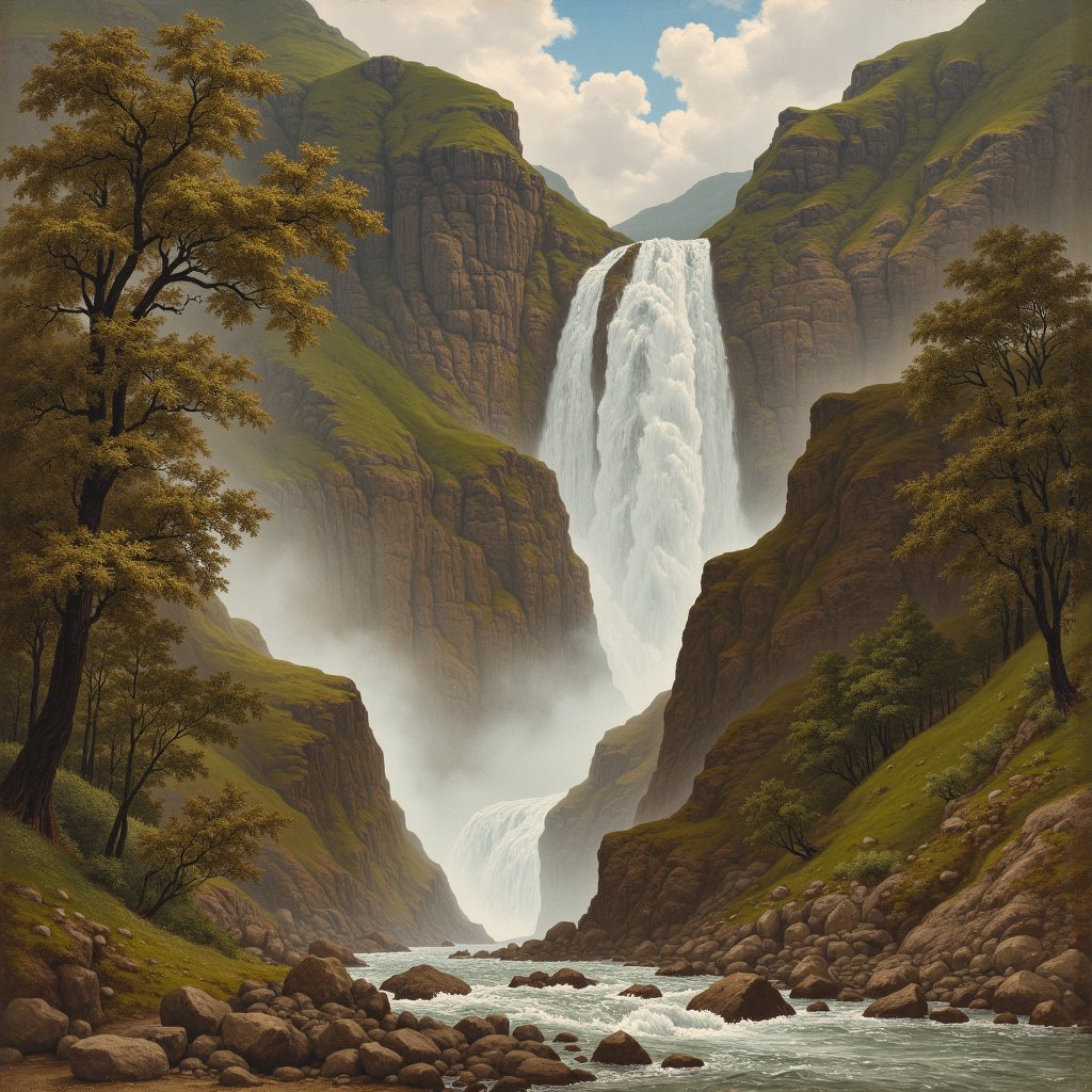 there is a painting of a waterfall in the middle of a forest,with trees and waterfalls,(waterfall),several waterfalls,lakes and waterfalls,ancient monument waterfall,with waterfalls and river,waterfall in background,cascade,waterfalls and lakes,nature journal cover,waterfall in the background,with waterfalls,waterfall,waterfall in distance,scene where she is in rivendell,rivendell,James Paterson,art of édouard bisson,fjords,coloured lithograph engraving,naturalistic technique,water falls,the lost valley,book cover art,Hans Gude,cascading waterfalls,1900 illustration artwork,a river flowing with waterfall,multiple waterfalls,water fall,waterfall cascades,waterfall below,