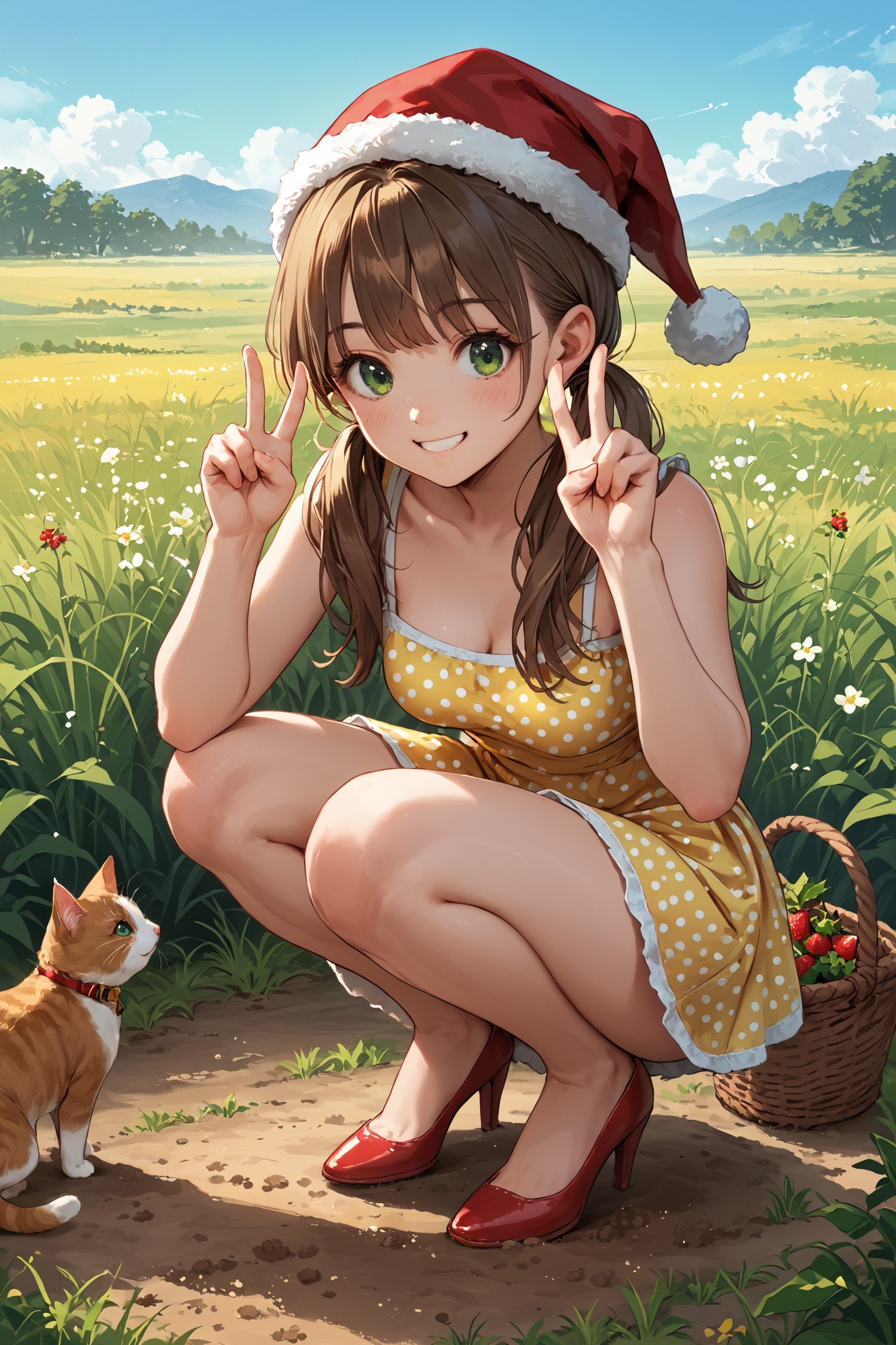 score_9, score_8_up, score_7_up, source_anime, 1girl, double v, brown hair, green eyes, twintails, long hair, bangs, squatting, smiling, basket of delicious strawberries, yellow dotted sundress, red high heels, santa hat, cats, kittens, blue sky, sunshine, horizon, open grass field, dirt path, breasts,