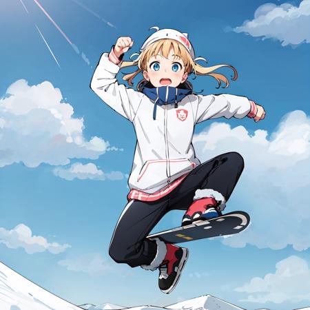 <lora:vjump-000006:0.7>:vjump,jumping, cloud sky,snowy1girl,snowboard