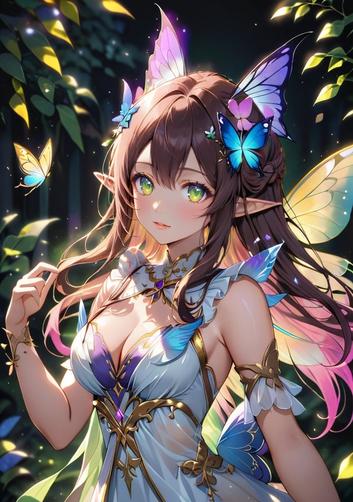 1girl,Butterflies on the Head, antennae, blue butterfly, blue wings, blurry, blurry background, brown hair, butterfly, butterfly hair ornament, butterfly on hand, butterfly wings, cleavage, fairy, fairy wings, flower, flying, glowing butterfly, glowing wings, green wings, hair ornament, ice wings, insect wings, lips, long hair, medium breasts, motion blur, multicolored wings, nature, pink wings, pointy ears, purple wings, solo, transparent wings, white butterfly, white wings, wings, yellow butterfly, yellow wings,Dawn Elf,dawn,glow,Glowing wings,Dress,